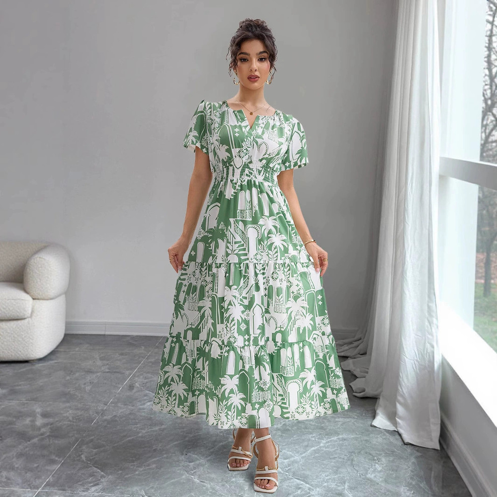 ZARA Coconut Tree Print V Neck Puff Sleeve Summer Vacation Dress